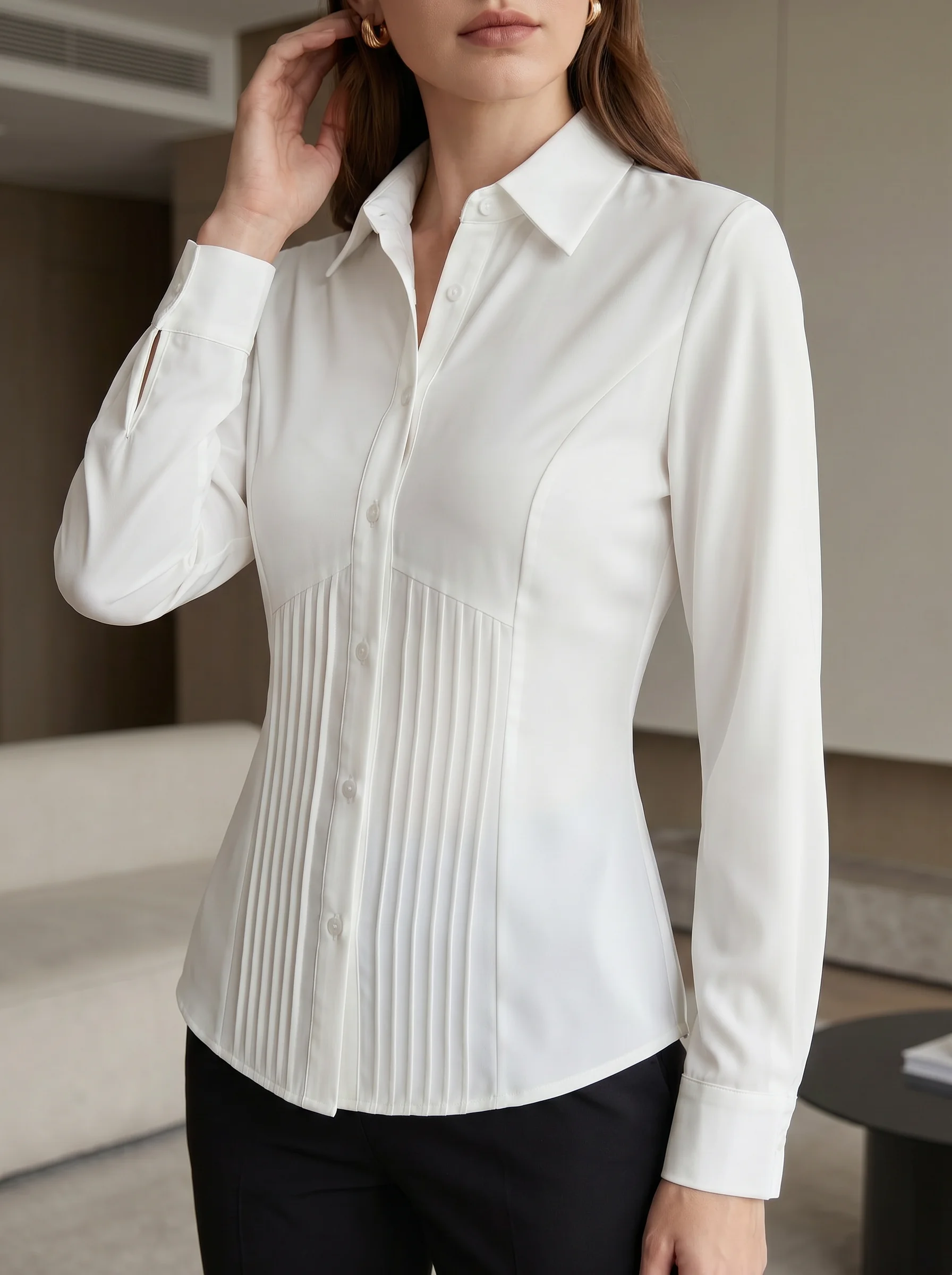 Women Sexy Slim Fit Pleated Button Down Shirt Elegant Long Sleeve Office Blouse