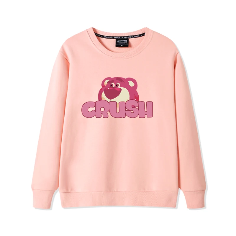 Otoño e Invierno de alta calidad con estampado de oso de fresa suéter de cuello redondo lindo para mujer 2025 nueva pareja suelta deportes Top ropa escolar