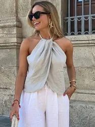 Trajes de moda para mujer, ropa de calle con tirantes ajustables en la espalda de lino liso, Tops + pantalones de pierna ancha con cintura elástica elegante