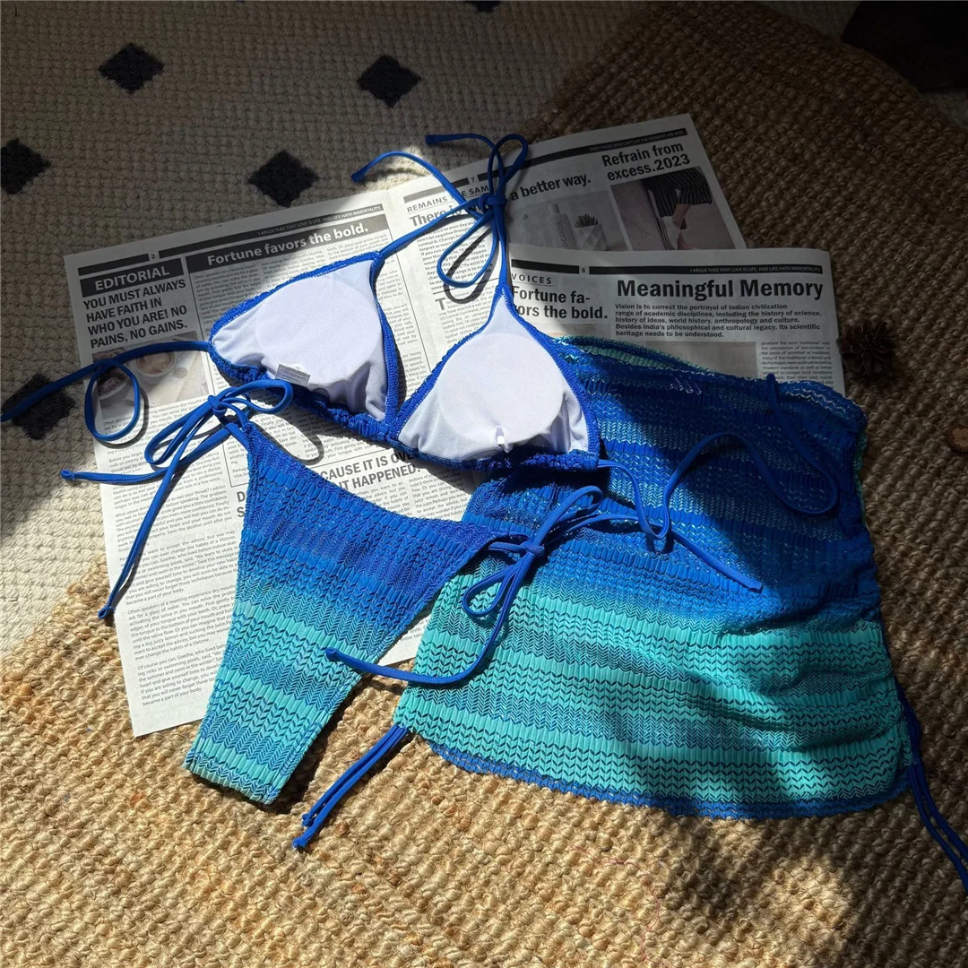Rosa 3-teiliger Bikini mit Rock, Farbverlauf, Damen-Badebekleidung, Badeanzug, dreiteiliges Bikini-Set, gepolsterter Badeanzug, Badebekleidung, Schwimmbekleidung V6696 – Detail 21