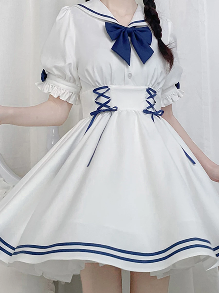 Prinses Lolita Jurk Cos Lolita Navy Kraag Matrozenjurk Grote L-4xl Korte Mouwen Strandresort Jurk