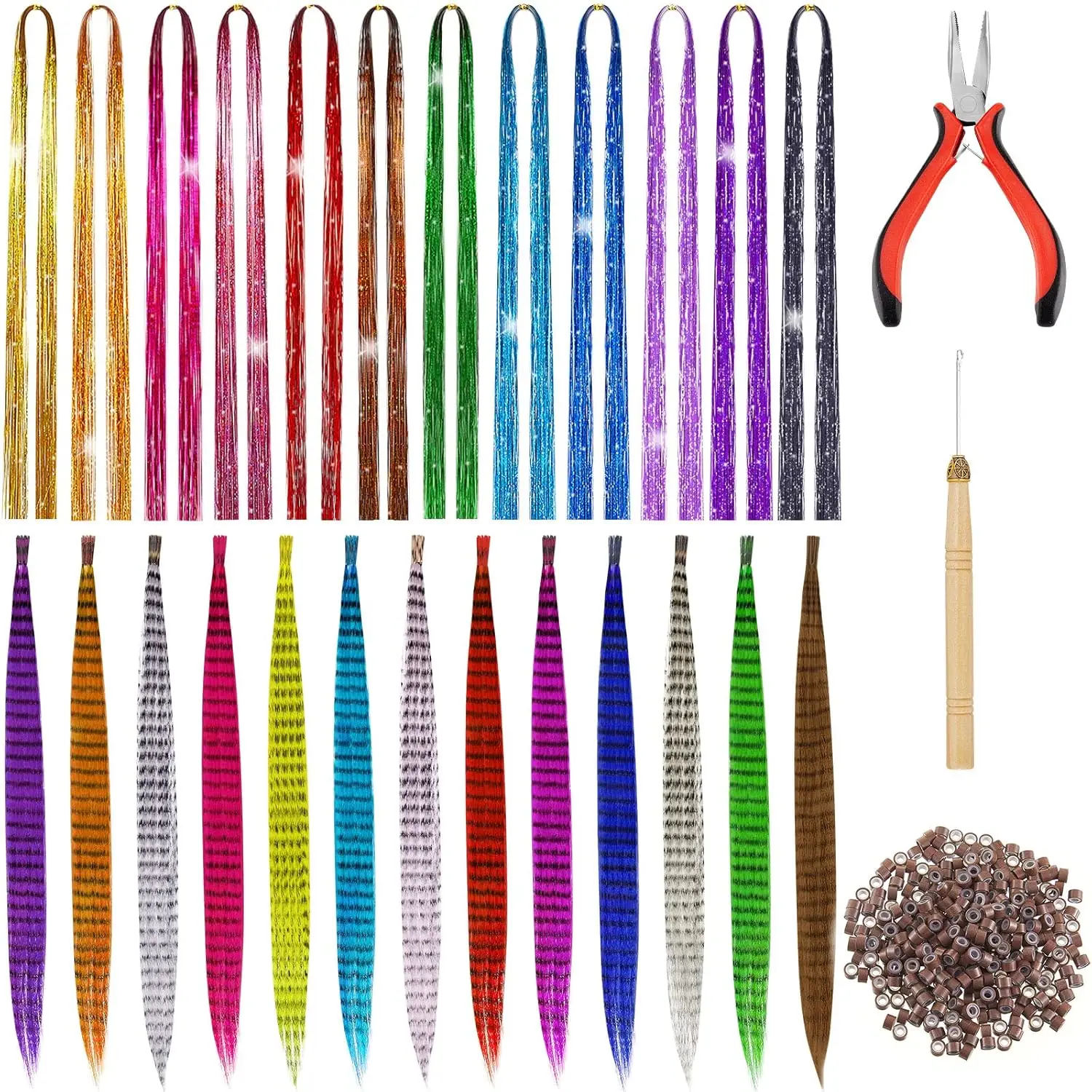 

1440 Strands Hair Tinsel Kit with Tools, 26 Pieces 13 Colors Feather Hair Extensions, Heat Resistant Synthetic Hair with 200 Micro Ring Beads for Women Cosplay Party