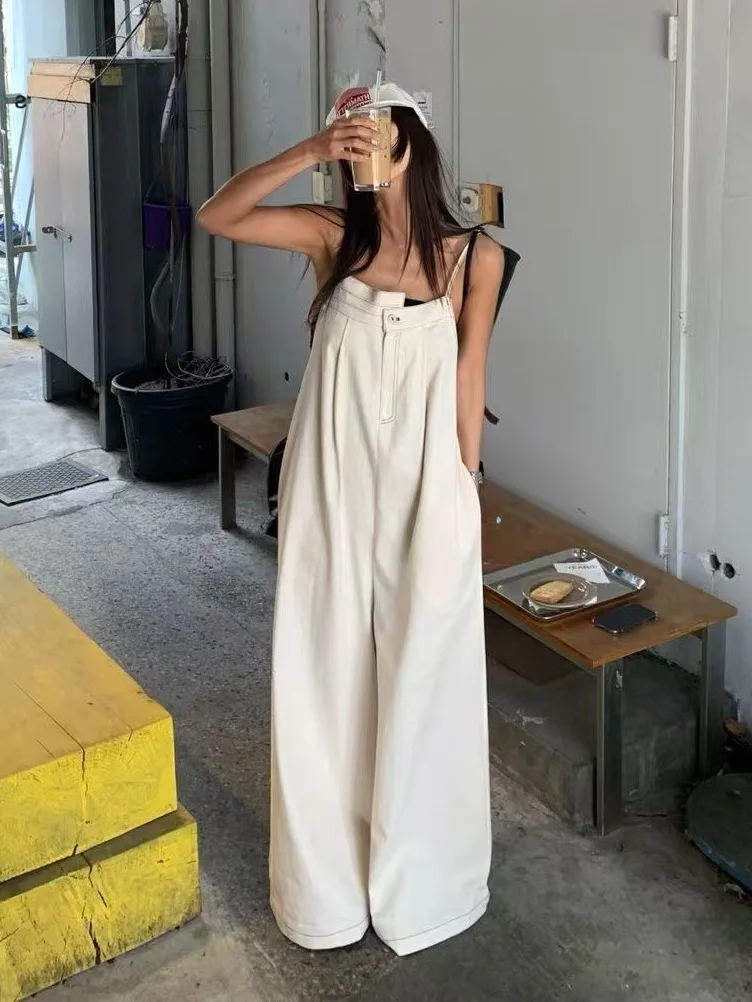 

Женский комбинезон с высокой талией и широкими штанинами, свободный повседневный крой, на бретелях, длинные брюки, стильный молодежный цельный костюм