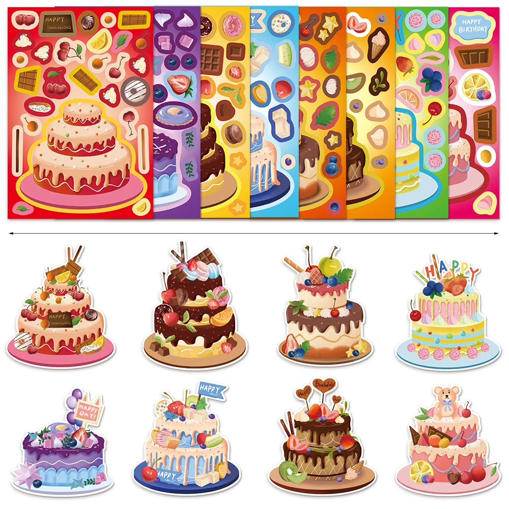 8 قطع من ملصقات الكيك الإبداعية تمنيات تتيح إلى ملصقات ألغاز تجميع ملصقات كرتونية ذاتية الصنع