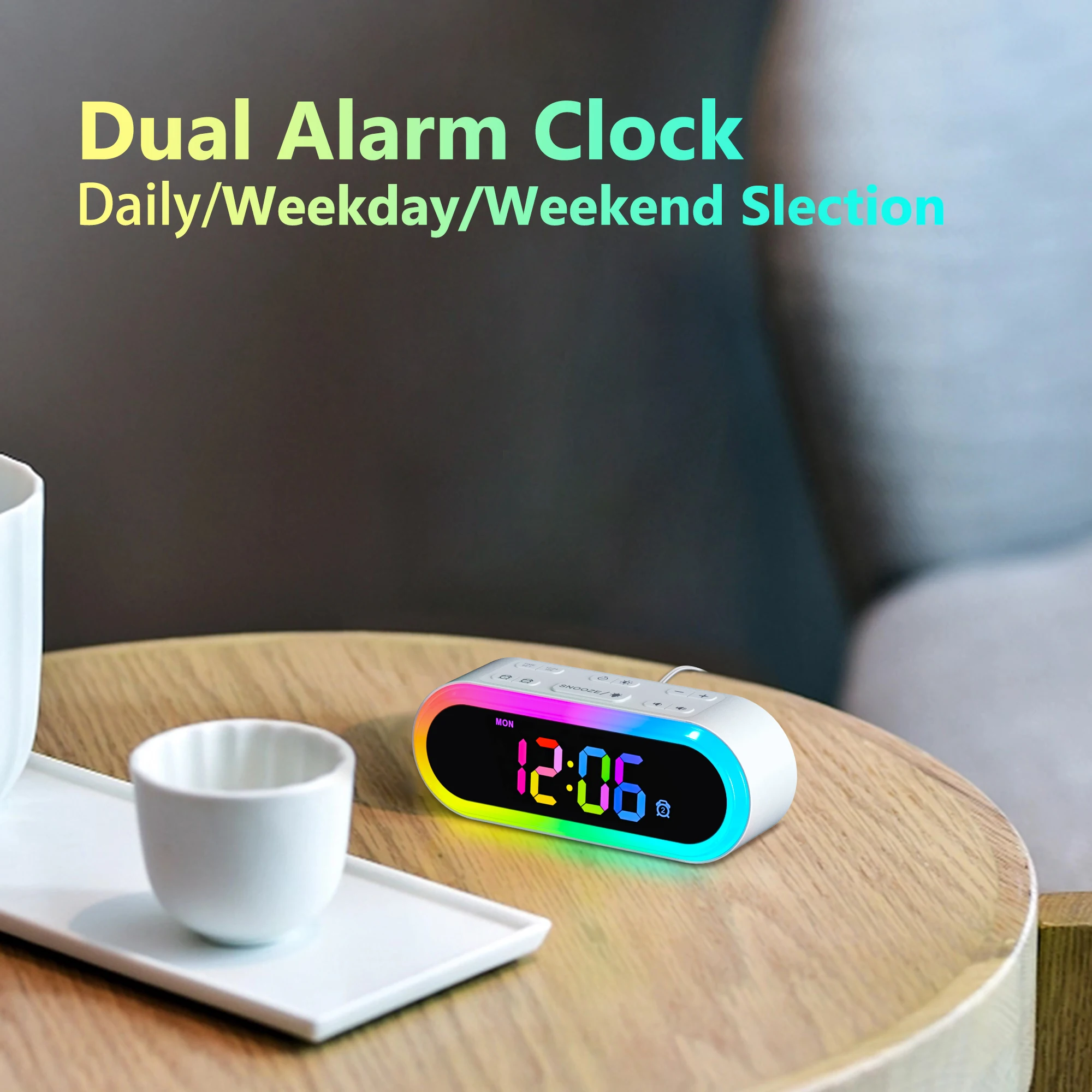 

KERCHAN Dual Alarm Clock,Weekday/Weekend,Rainbow Night Light,Dimmable,7 Wake Up Sounds,Snooze,Outlet Powered,Auto-Off Timer