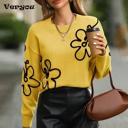 Fashion Women Long Sleeve Sweater O Neck Flower Printed Knitted Sweater Women Casual Pullovers Jumper
