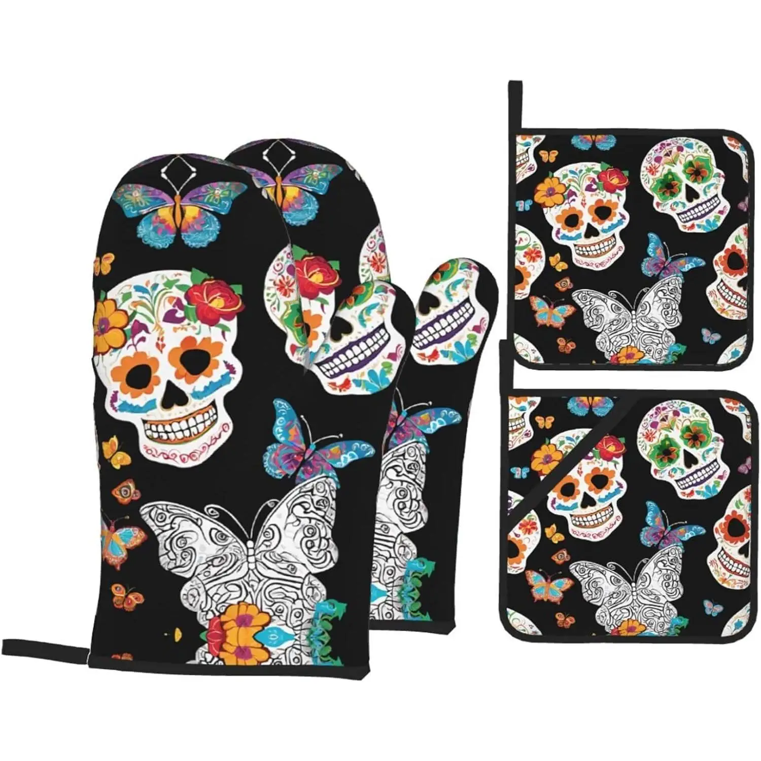 

Наборы с принтом сахарных черепов, водонепроницаемые термостойкие кухонные перчатки с подвесным ремешком, 2 рукавицы для духовки, 2 шт., держатели для кастрюль для выпечки