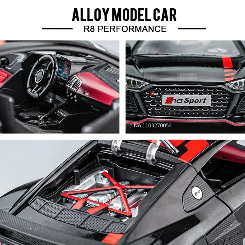 1/24 R8 V10 다이캐스트 금속 합금 장난감 모형 자동차 시뮬레이션 컬렉션 사운드 및 라이트 후진 기능 정교한 인테리어 차량