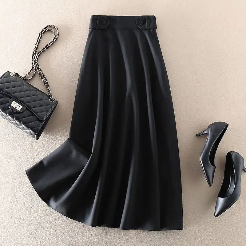 

High Waisted Slim Stylish Half Skirt Versatile Commuting Fashionable Mid Length A-line Solid Color Large Swing Skirt Women M133