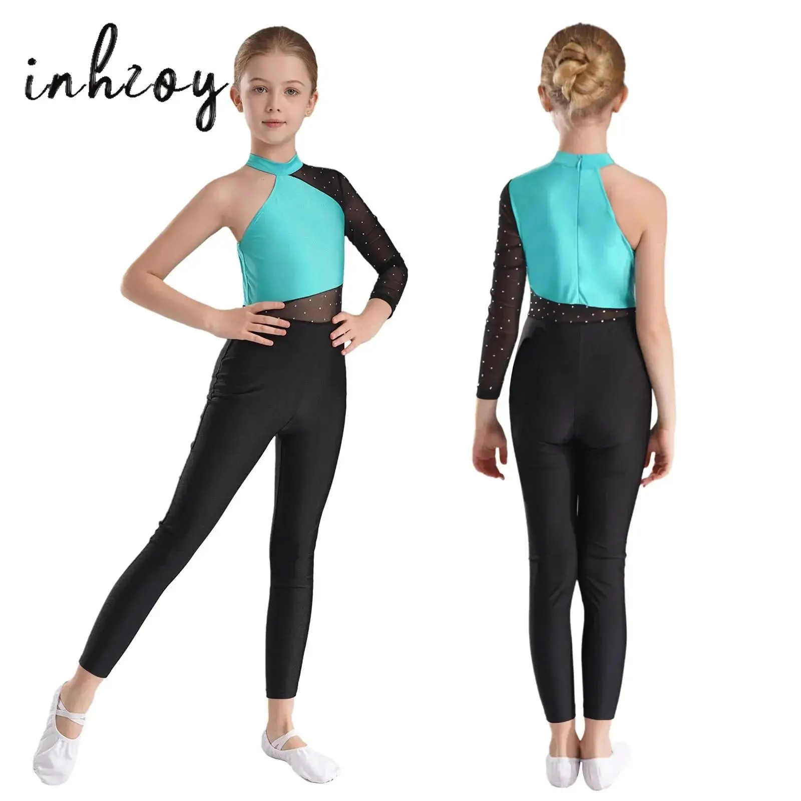 Girls Kids One Mesh Sleeve Jumpsuit Ballet Dance Leotard Acrobatics Gymnastics Full Body Suit Unitard Figure Ice Skating Costume