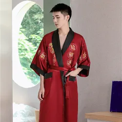 Peignoir Kimono Dragon brodé pour hommes, robe de style chinois, demi-manches, vêtements de nuit en satin, vêtements de nuit, vêtements de maison avec poche