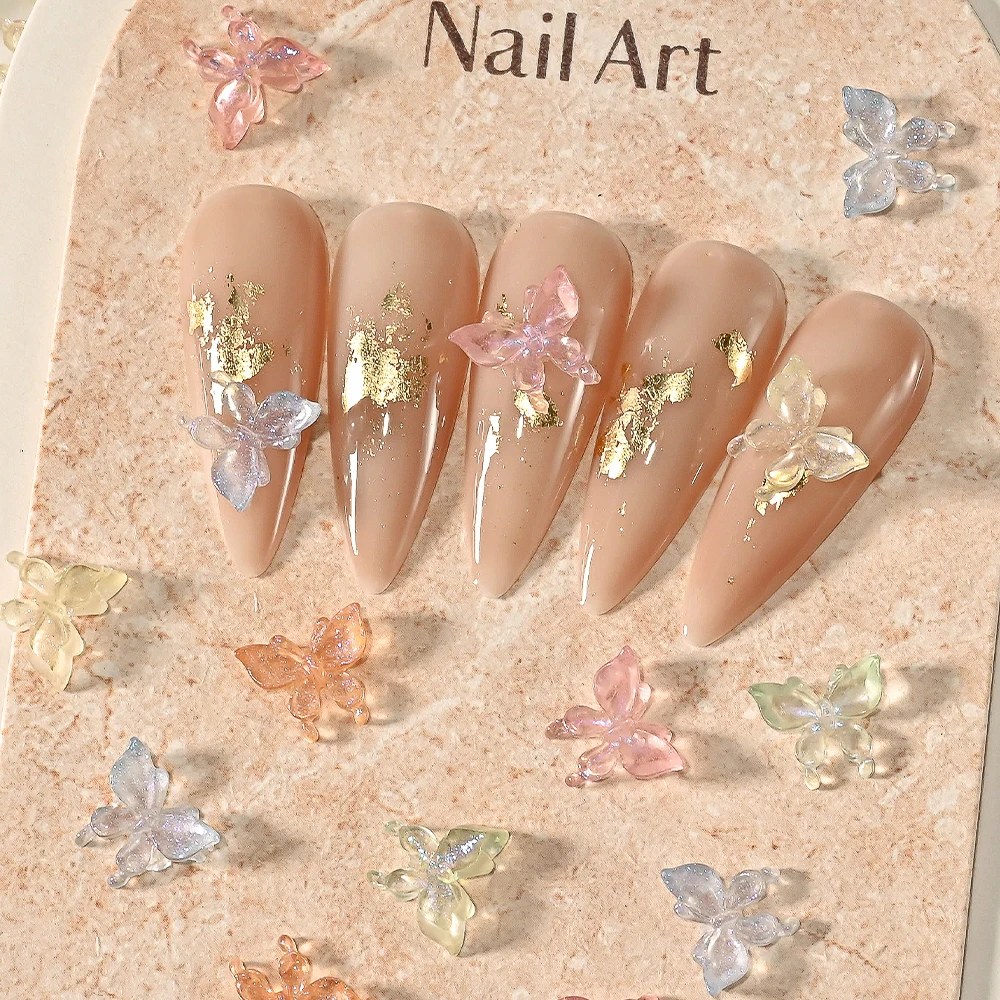 200-300 개/가방 반짝이 나비 3D 네일 참 8x10cm 수지 플랫 백 나비 네일 아트 다채로운 오로라 나비 매니큐어 부품