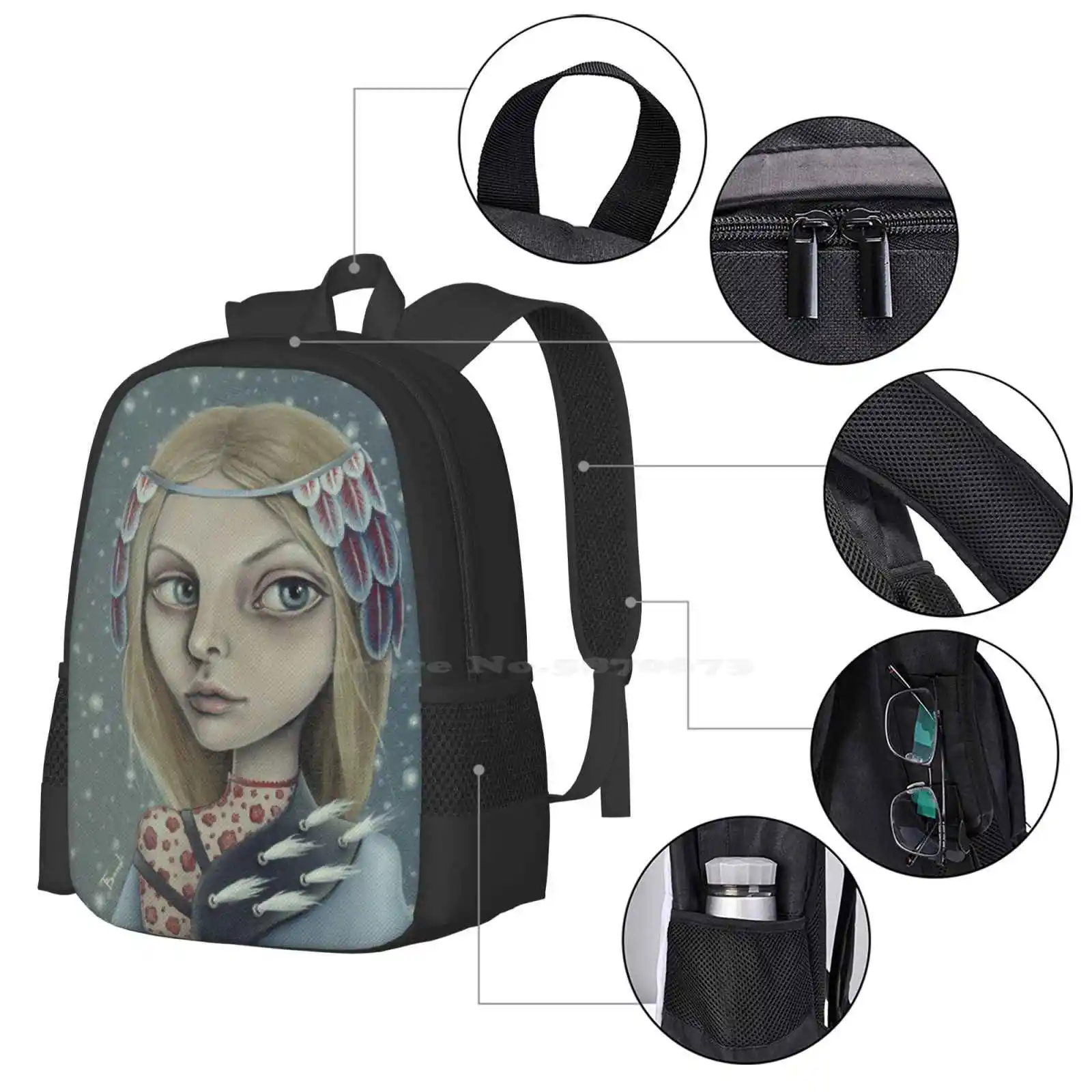 December Backpack For Student School Laptop Travel Bag Woman Portrait Surreal Pop Snow Cape Headpiece Fashion December Winter