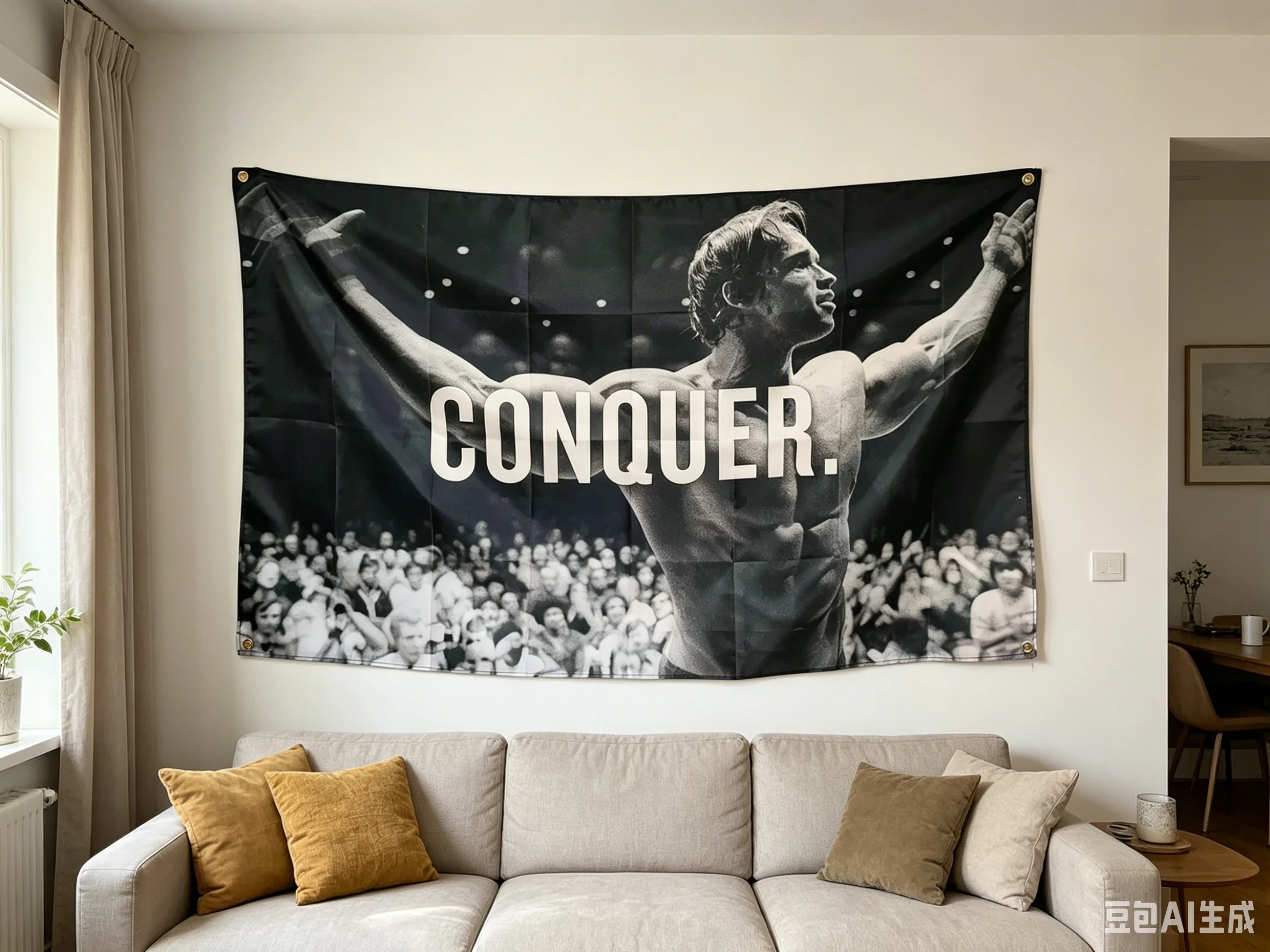 Tapiz de culturismo CONQUER de Arnold Schwarzenegger, varios tamaños, impresión 2D de poliéster, decoración de dormitorio, regalo para fanáticos del fitness, 1 ud.