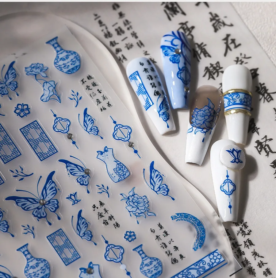 1piece 5D nail sticker high quality blue butterfly cheongsam porcelain bottle jade pendant design self-adhesive nail art sticker