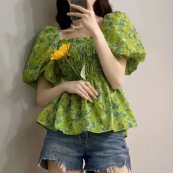 Vintage French Style Broken Flowers Shirt Elegant Square Collar Female Clothing Fashion Shirring Summer Sweet Puff Sleeve Blouse