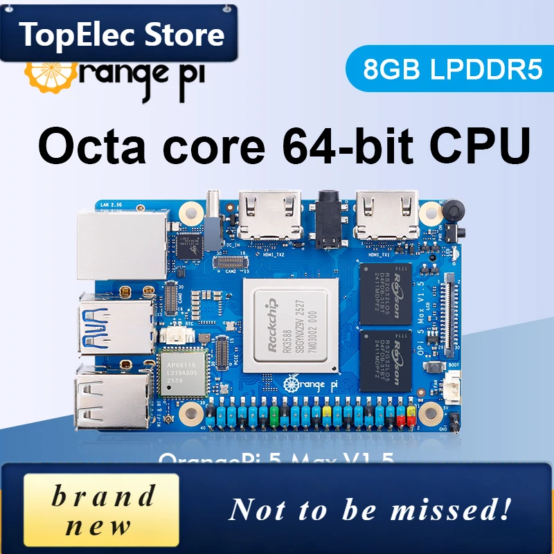 TopElec Orange Pi 5 Max 8GB V1.5 Single Board Computer LPDDR5 Rockchip RK3588 Development Board M.2 PCIE 2.5G LAN WiFi+BT Mini P