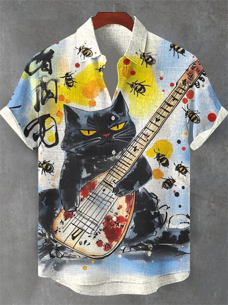 New men's linen short sleeved shirt 3D bird flower print Chinese guitar pattern fashionable men's clothing lapel shirt