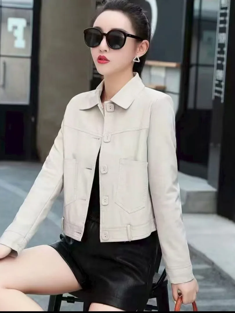 سترة جلدية من Ele ort للنساء لربيع وخريف Faion ular مزينة بأزرار للتنقل فضفاضة من جلد البولي يوريثان