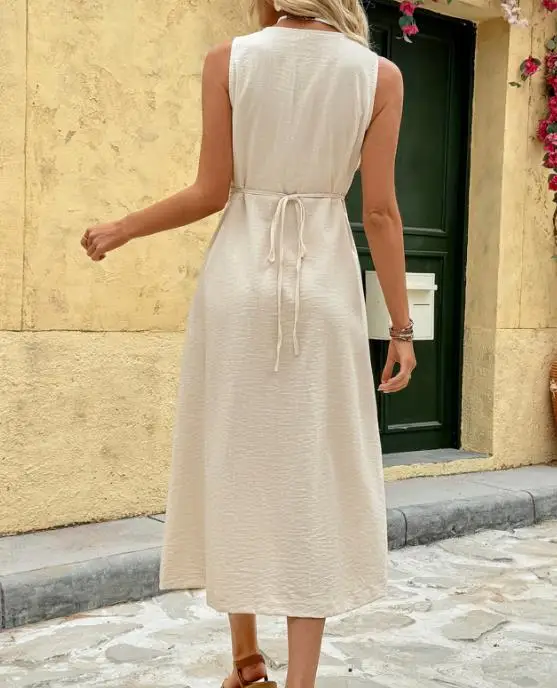 

Summer 2026 Casual Sexy Minimalist Mid-Length Dress Sleeveless round Neck Straight Tube Solid Color with Pockets for Women
