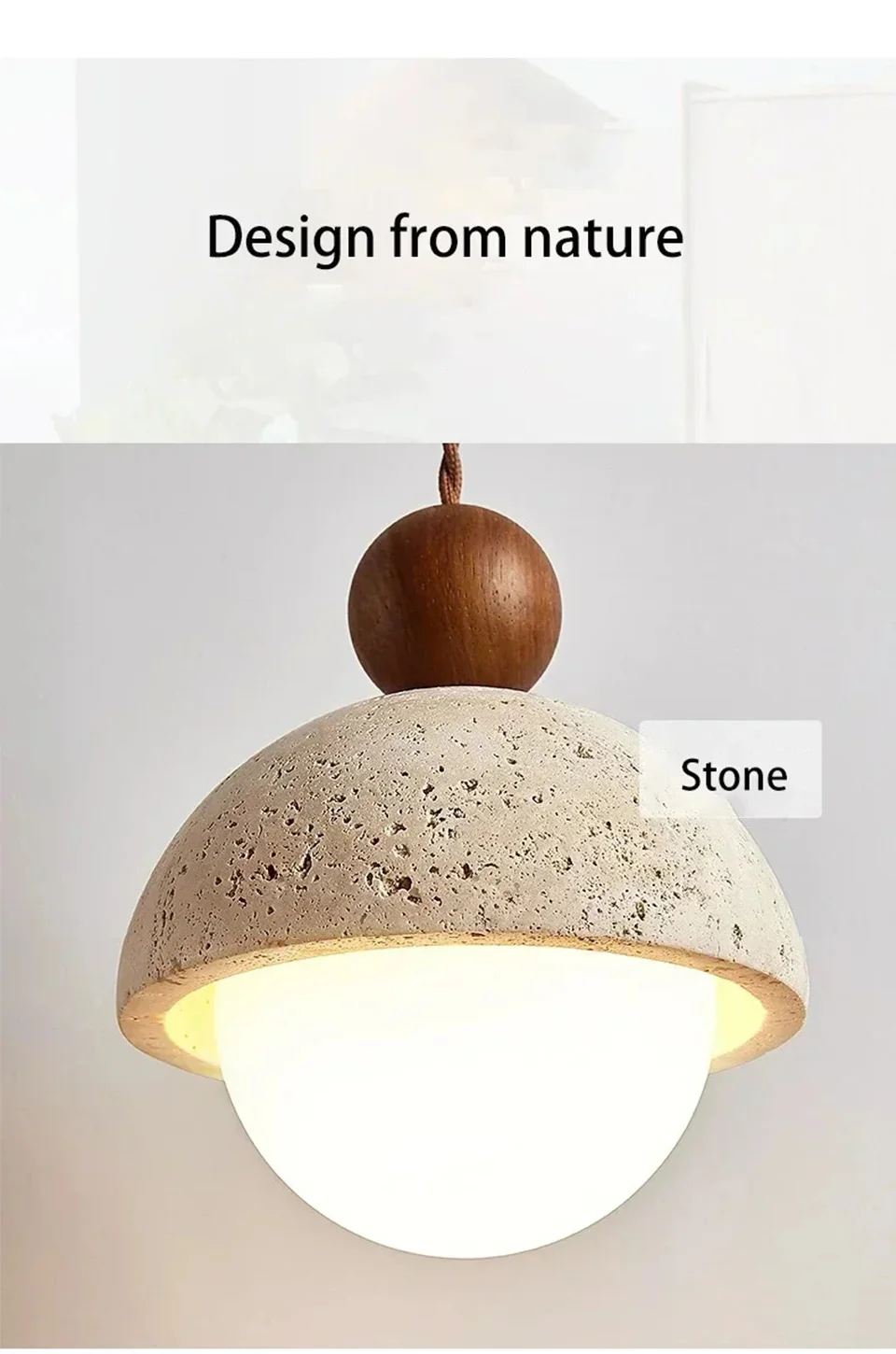 Natural Cave Stone Pendant Light LED Yellow Travertine Bedside Hanging Lighting Fixture for Restaurant Bedroom Living Room Decor