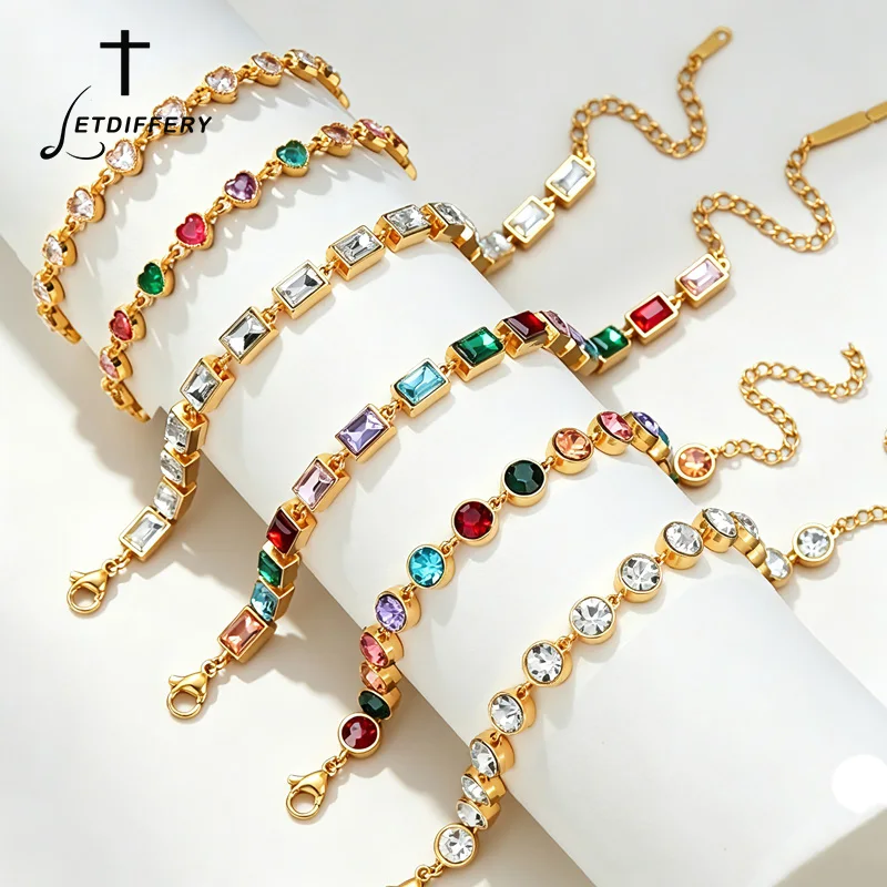Letdiffery Colorful Zircon Chain Bracelet for Women Stainless Steel Geometric Rainbow Crystal  Chain Luxry Bracelet Jewelry Gift