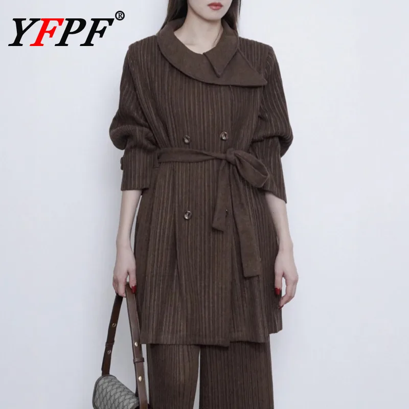 YFPF automne hiver laine plissée veste femmes mode couleur unie revers bouton ceinture froncé taille manteau décontracté nouveaux vêtements