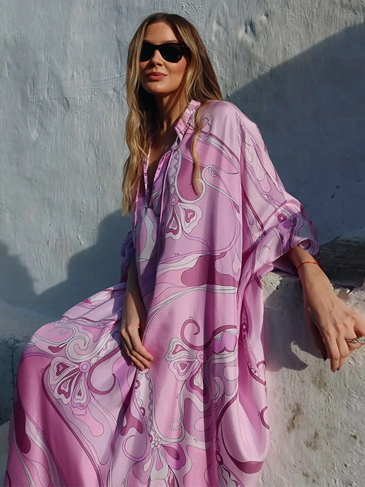 

Summer Beach Vacation Outfit RobeOversized Women's PrinDress With Pink Pattern Loose Fit Full Sleeve Long Dresses