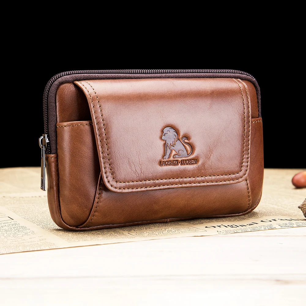 Genuine leather men's waist bag, cowhide multifunctional phone bag, can be worn with a belt hook
