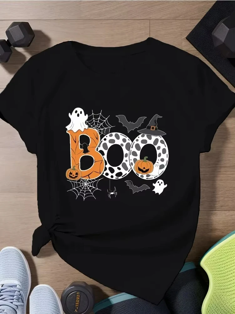 Halloween BOO-Camiseta holgada informal de talla grande para mujer, camiseta de manga corta, disfraz de calle Harajuku, ropa de moda Y2K para mujer