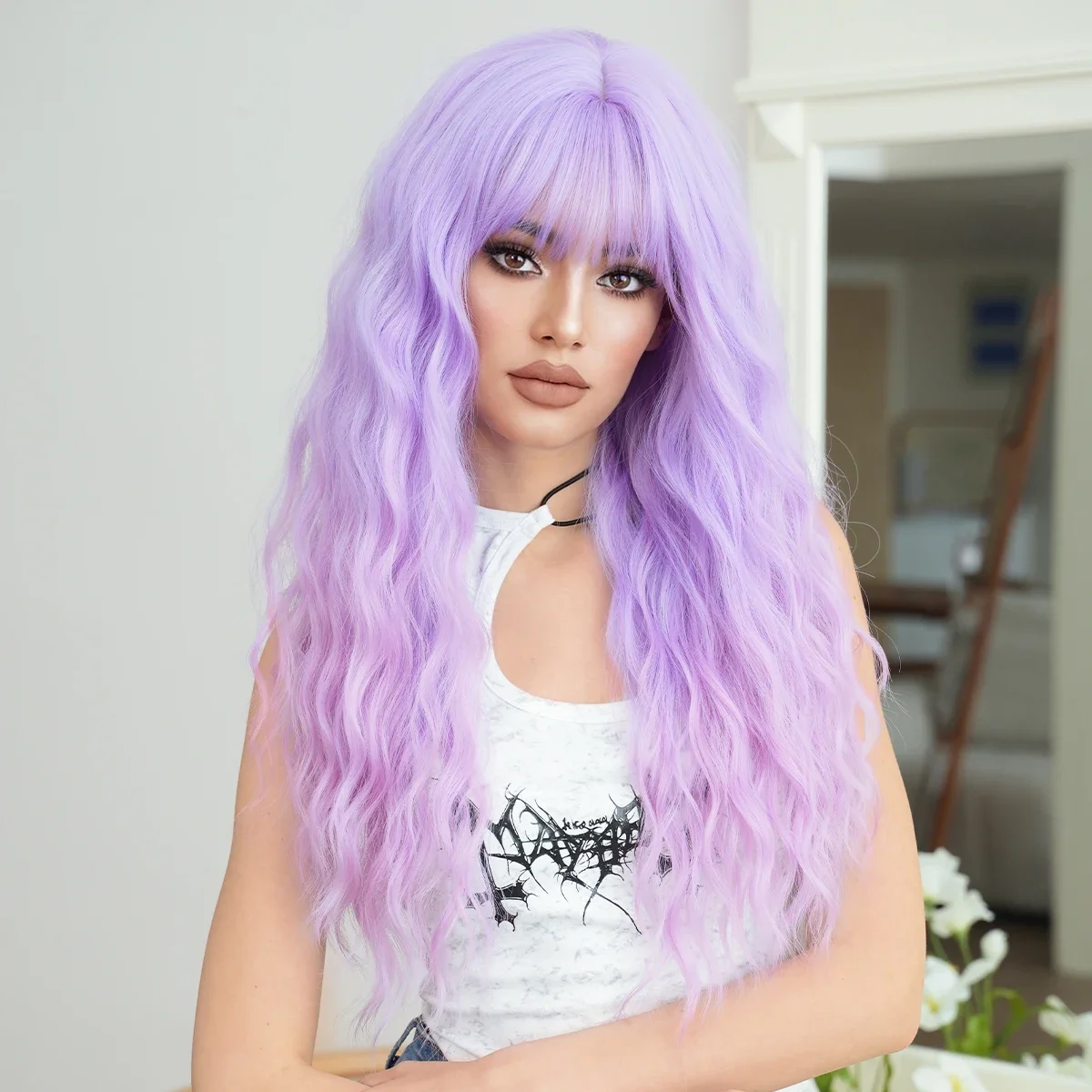 PARK YUN Long Curly Light Purple Wigs Natural Synthetic Gradient Pink  Wigs For Women Daily Party Cosplay Heat Resistant Hair