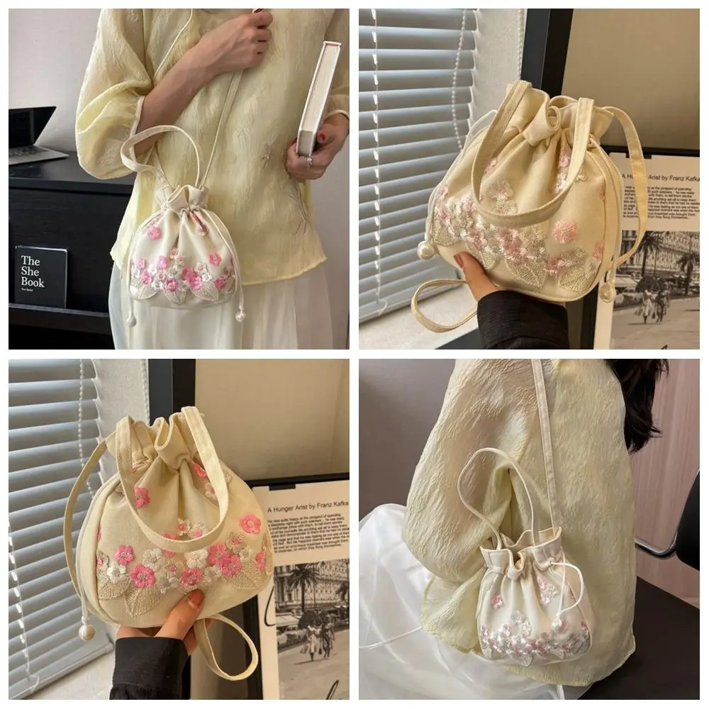 Chinese Ancient Style Hanfu Accessories Handmade Embroidery Drawstrings Handbag Women Shoulder Crossbody Flower Bucket Bag