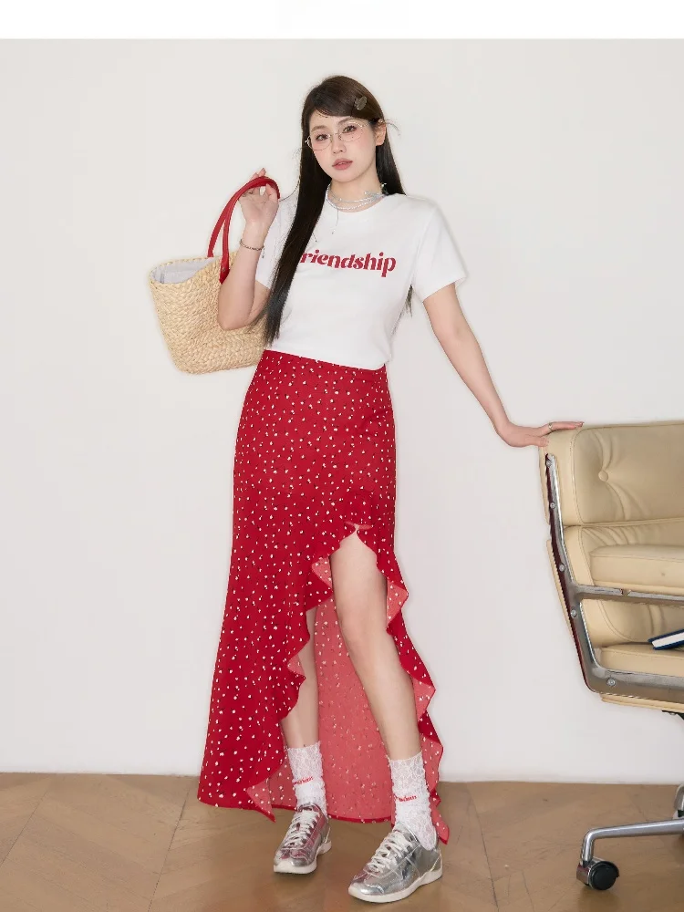 Falda de talla grande con estampado floral, dobladillo asimétrico y grandes volantes para mujeres con curvas, temporada de verano, fibra de poliéster, Sandal pe...