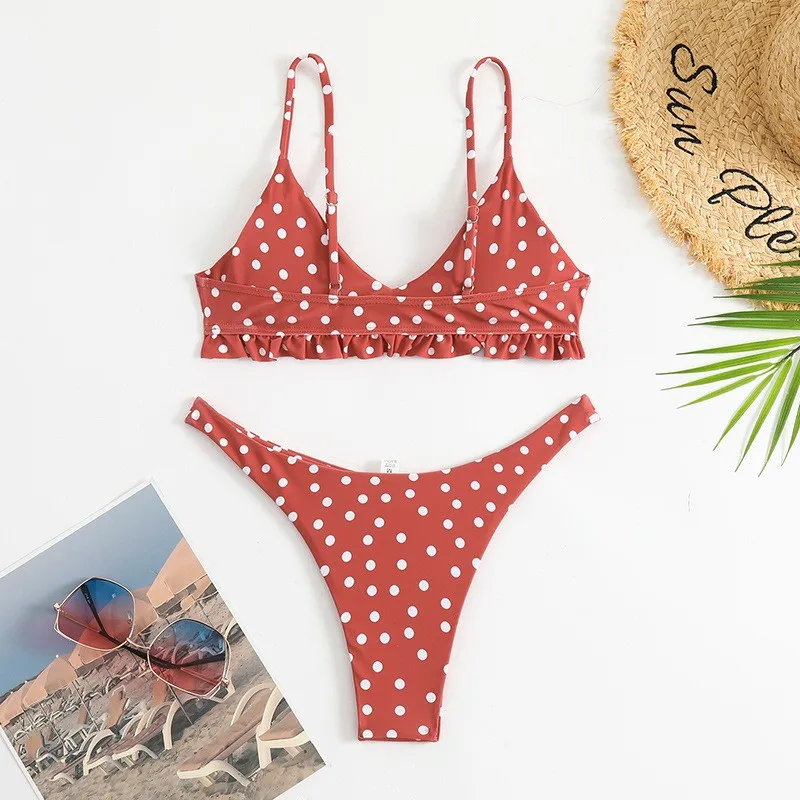 Woman 2026 Bikini Sets Polka Dot Triangle Top Ruffle Trim Thong Bottom Cropped Top High Cut Two Piece Swimsuit Beachwear