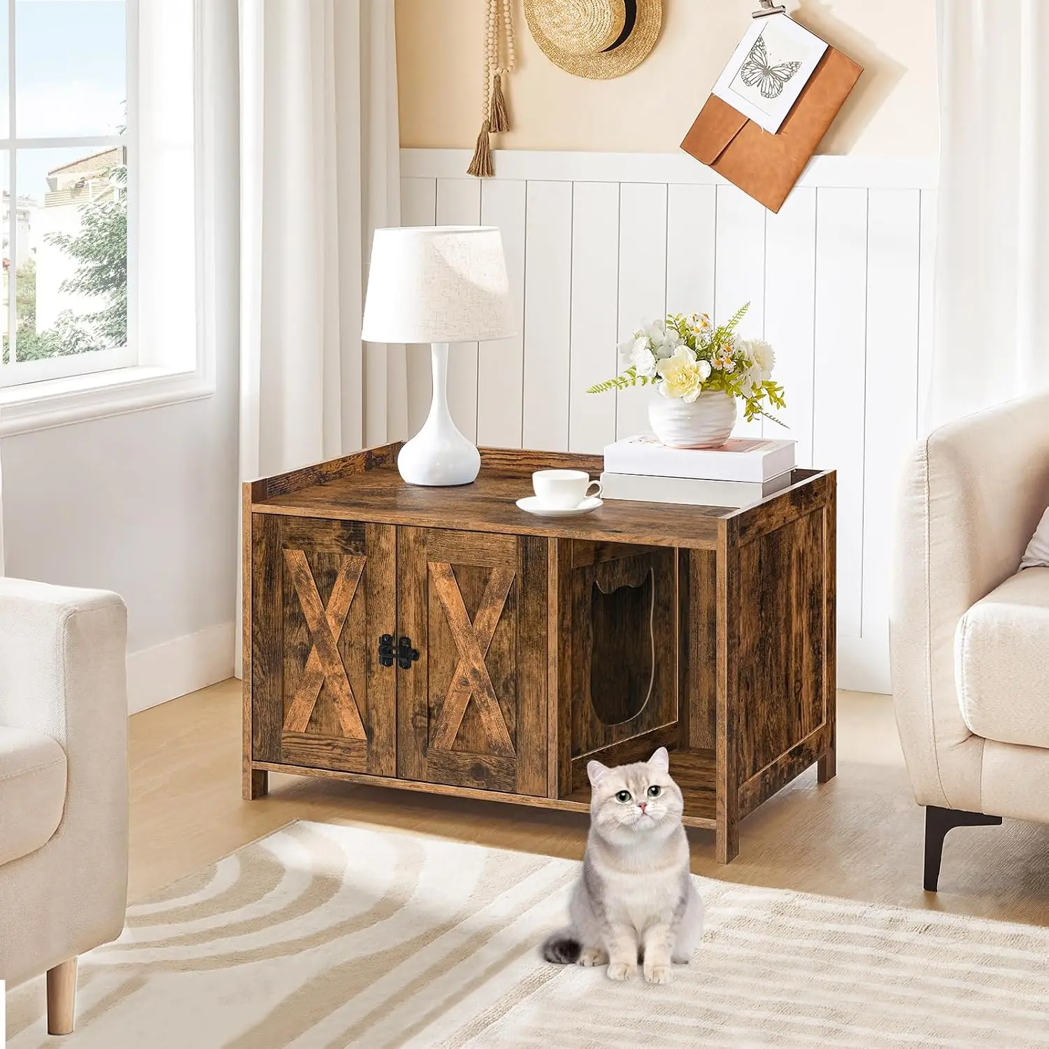 Hidden Cat Litter Box Enclosure Furniture Divider Indoor Pet House Wooden Washroom Storage Bench Side End Table Nightstand Rusti