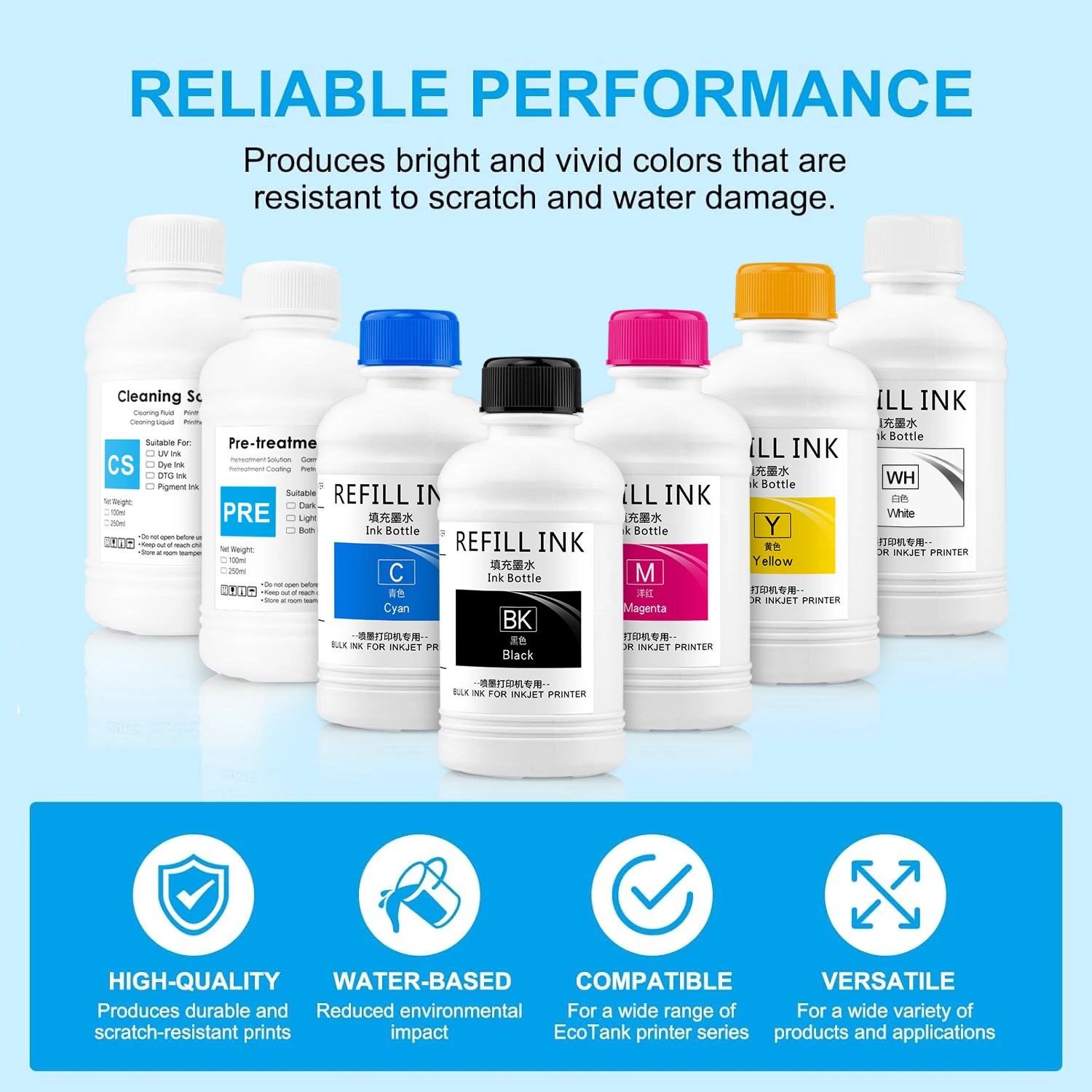 250ML 5Colors DTG Ink Textile Garment Ink For DX5 DX7 TX800 I3200 I1600 For Epson L1800 1390 R1900 F2000 F2100 F2200 L800 XP600