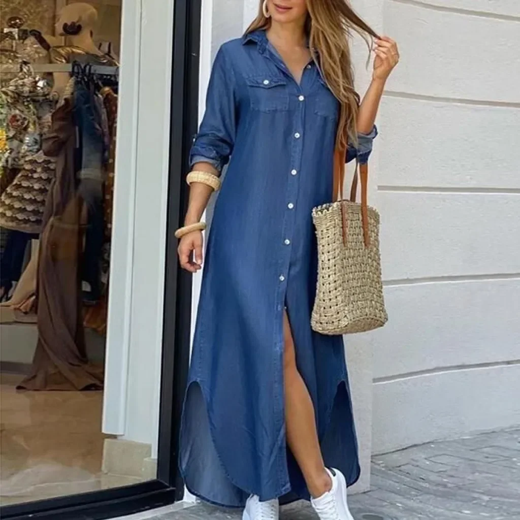 

Autumn Long Dress Long Sleeve Shirt Dress Women Denim Long Dresses Pocket Button Shirt Print Dress Casual Loose Dresses 2022 New