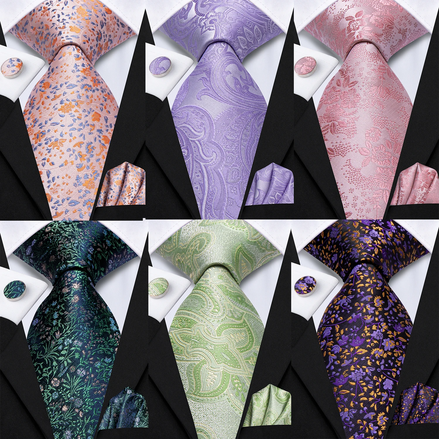 Mens Pink Purple Green Floral Wedding Necktie Handkerchief Cufflinks for Tuxedo Accessory Classic Luxury Tie Man Gift