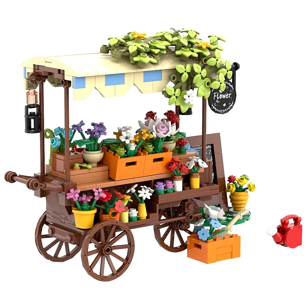 Bloques de construcción de carro de flores para niños y niñas, juguete de ladrillos para armar puesto de mercado, floristería, vista a la calle, ideal para regalo, 458 piezas