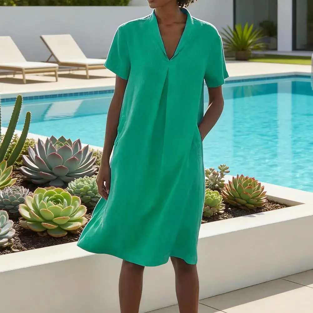 2026 Women Summer Dress Mid-length Flowing Skirt Dress Summer Midi Dress for Women with Pockets Short Sleeve Flowy Sundress Loos