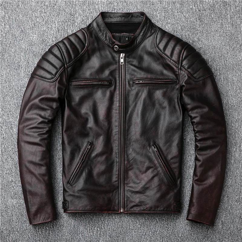 vintage Free genuine shipping,Brand leather jacket.mens brown motor biker cowhide coat.slim plus size jackets.outwear sales