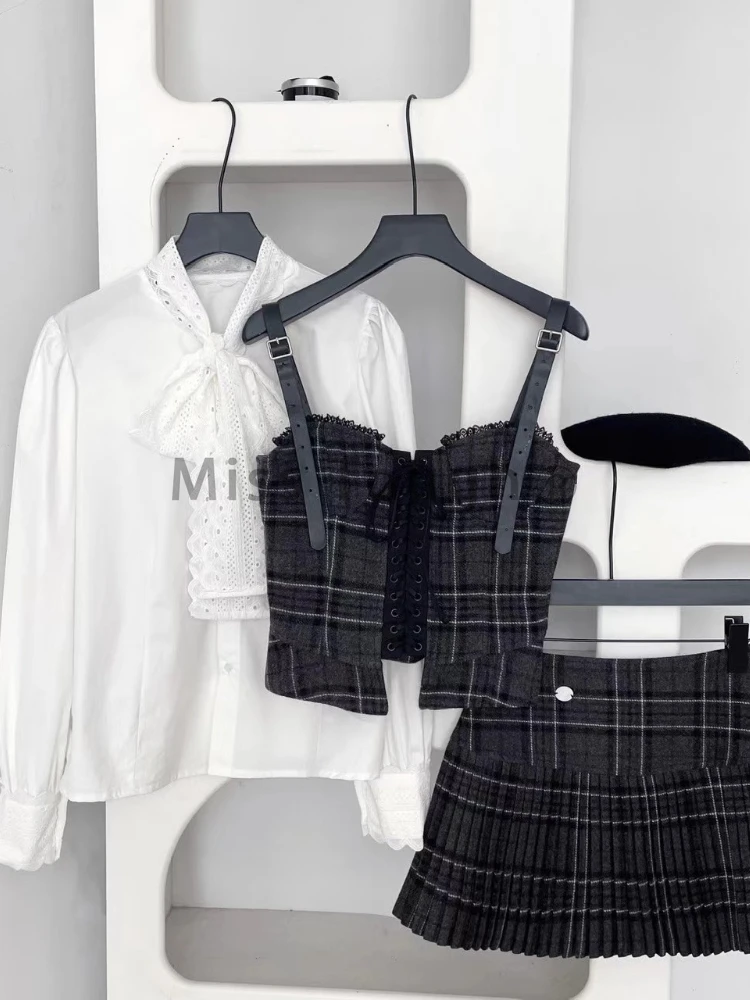 Winter Korean Retro Sweet 3 Piece Set Women White Shirt + Strap Vest + Pleated Skirt Design College Style Fashion Y2k Suit 2024