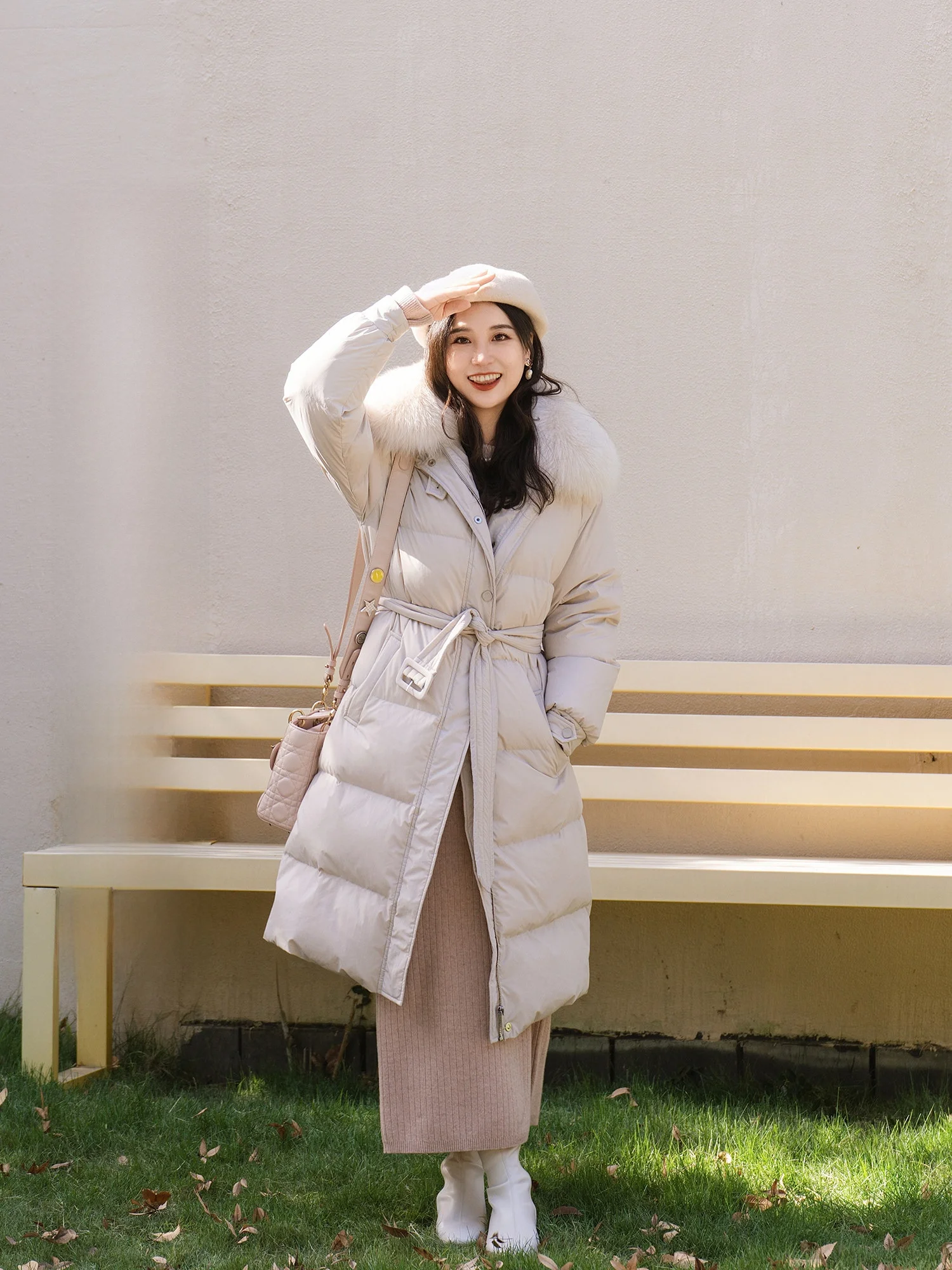 

Apipedr Long Winter down Jaet Removable Fur Collar Waist Belt Lotus Snow Velvet Casual Loose Fit Women's Coat