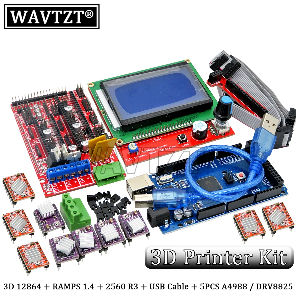 

Mega 2560 R3 CH340 + 1 шт. контроллер RAMPS 1.4 + 5 шт. A4988/DRV8825 модуль шагового драйвера + 1 шт. 12864 контроллер для комплекта 3D-принтера