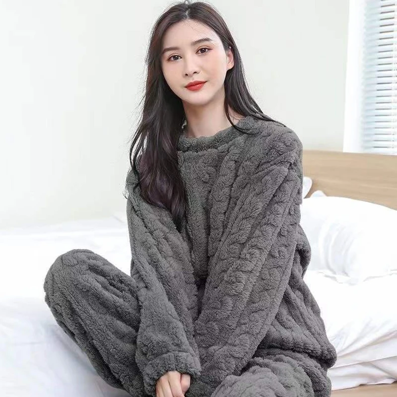 

1PC Autumn Women Solid Warm 2 Piece Sets Thicken Velvet Ribbed Fleece Set Pullover And Pants Women Casual Pajama Sets