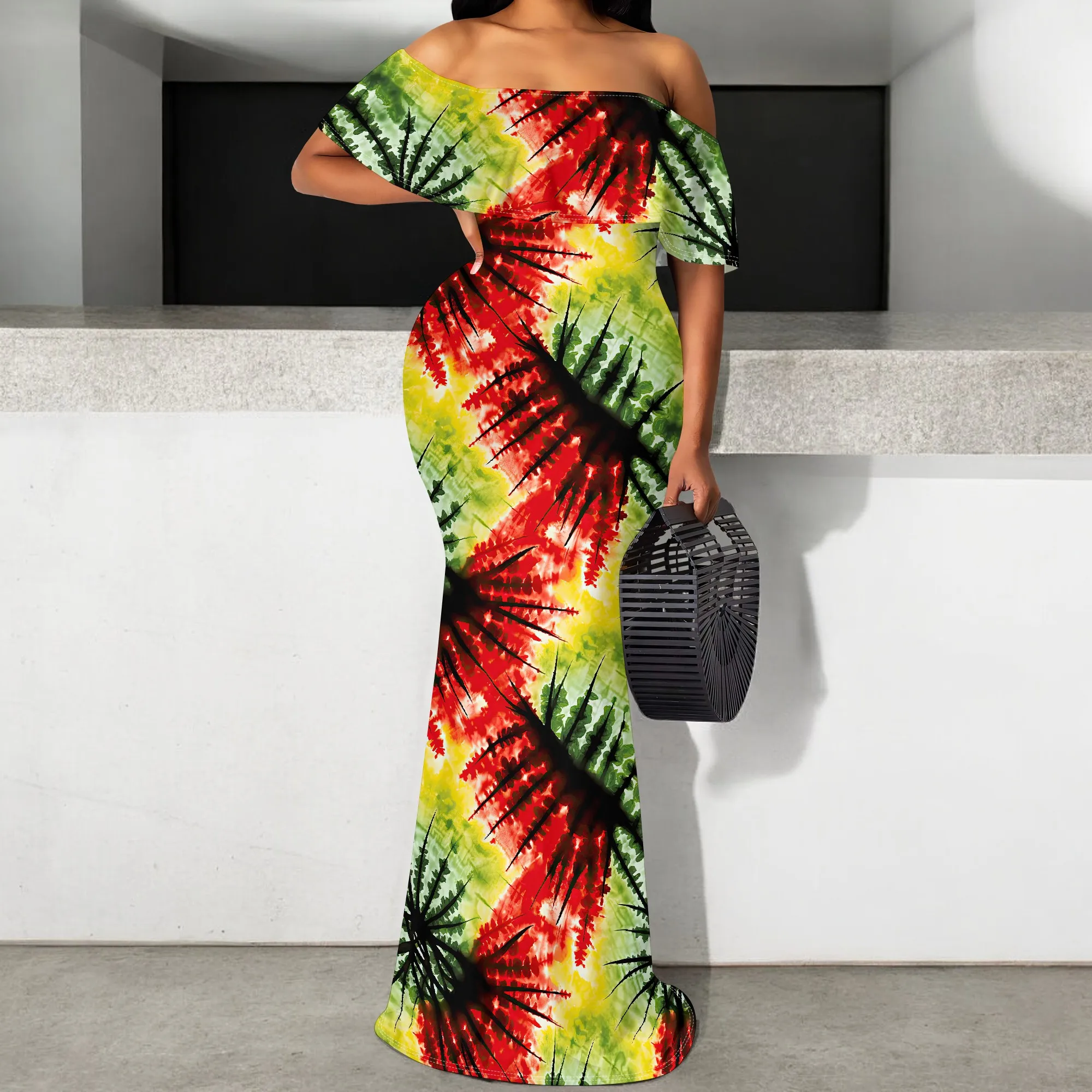 

Tie Dye Rasta Maxi Dress for Women Off Shoulder Festival Vibes Red Yellow Green Summer Dress S-3XL
