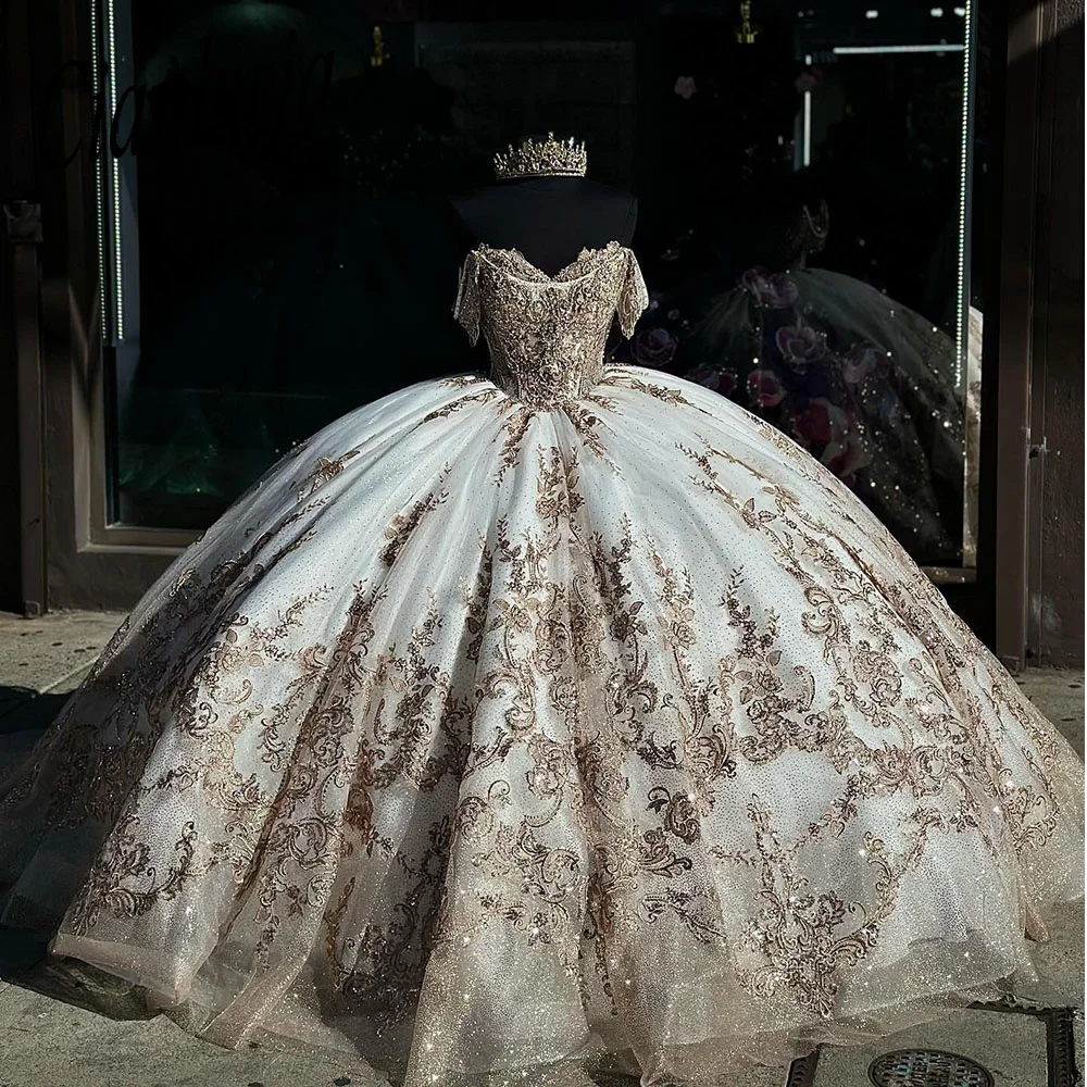 Vestidos de quinceañera champán con encaje dorado, vestido de baile con hombros descubiertos, corsé Floral de tul para dulces 15 niñas, vestido de fiesta