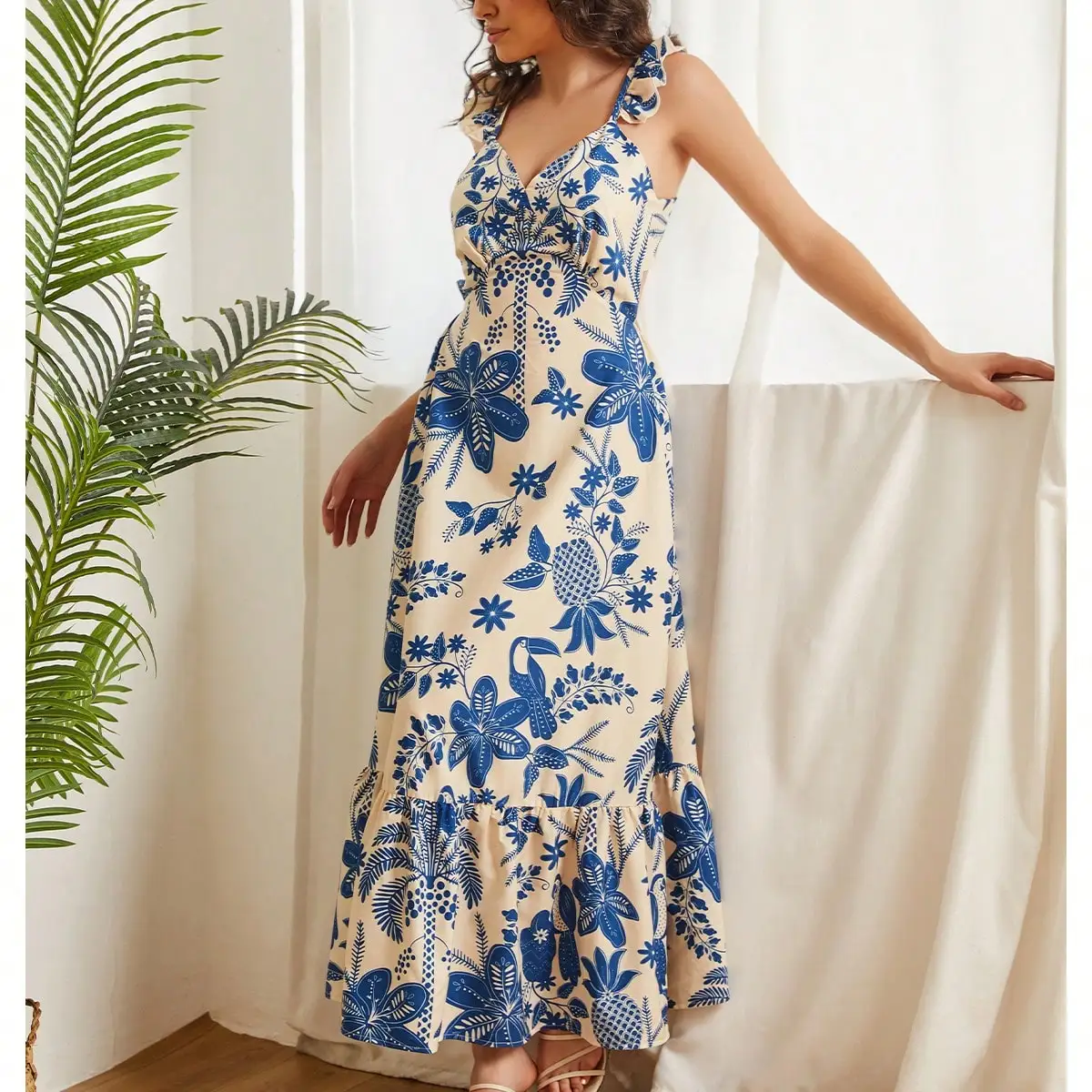 2024 Fashion Summer Spaghetti Strap Dress Women Sexy Hollow Backless Dresses Elegant Blue Floral Boho Vacation Sundress Vestidos