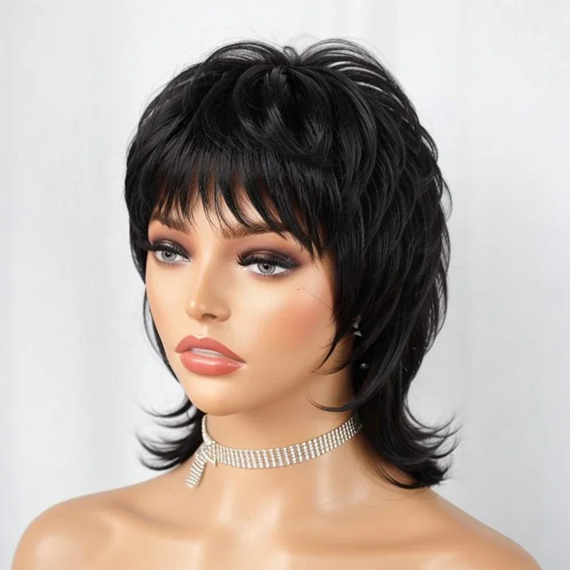 Short Natural Color Black Glueless Wavy Shaggy Layered 80s Mullet Wig Pixie Cut Wig With Bangs Curly 100%Virgin Human Hair