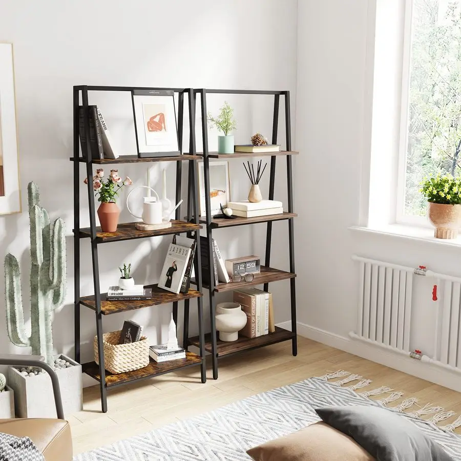 

Книжная полка, 4-уровневый отдельно стоящий книжный шкаф для хранения, полка-лестница в индустриальном стиле для гостиной, домашнего офиса, спальни, комплекта